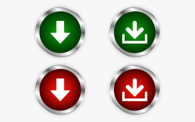 Download button icon vector. Realistic red and green with arrow and silver ring frame on isolated background.