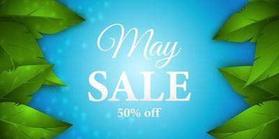 May sale background with green leaves on a blue backdrop. Template design for flyers, posters or brochures. Vector illustration.