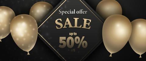 Sale, special offer with gold realistic air balloons on luxury black background. Vector design template