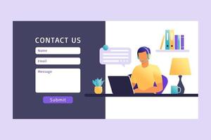 Contact Us Form Template for Web. Male Customer Service Agent with Headset Talking with Client. Landing Page. Online Customer Support . Vector Illustration.