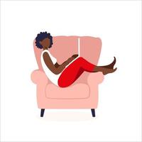 African american female sitting on chair with laptop. Concept of online shopping or surfing the internet. Vector illustration in flat style.
