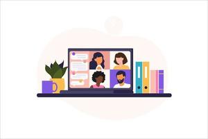 Online meeting via group call. People on computer screen speaking with colleague or friend. Illustrations concept video conference, online meeting or work from home. Vector illustration in flat.