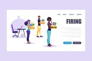 Landing page of firing employee. People standing with offices box with things. Unemployment concept, crisis, jobless and employee job reduction. Job loss. vector