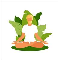 Man meditating on nature background. Meditation concept. Man sitting in lotus position practicing meditation. Vector illustration in flat style.