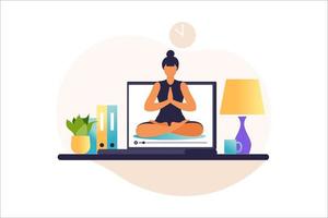 Woman doing yoga exercises. Internet yoga courses concept. Wellness and healthy lifestyle at home. Yoga classes with an online trainer. Woman teaches classes remotely. Vector illustration in flat.