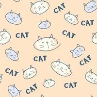 Hand drawn seamless pattern of kitten faces and text CAT. vector