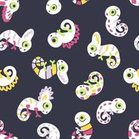 Dark seamless pattern with hand drawn chameleons. vector