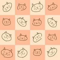 Doodle seamless pattern of kitty faces on a checkered background. vector