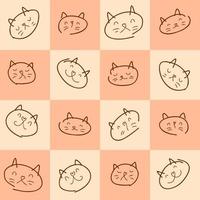 Doodle seamless pattern of kitty faces on a checkered background. vector