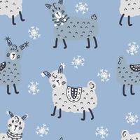 Hand drawn winter seamless pattern of lamas and snowflakes. vector