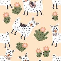 Doodle spring seamless pattern of alpacas and blooming cactuses. vector