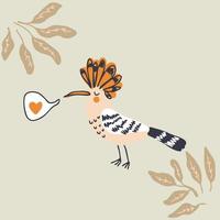 Hand drawn hoopoe bird with spring leaves. vector