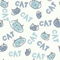 Doodle seamless pattern of kitten faces and text CAT. vector