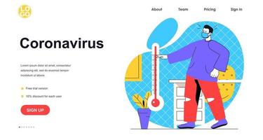 Coronavirus disease web banner concept. Man in medical mask points to thermometer, high temperature is symptom of infection, landing page template. Vector illustration with people scene in flat design