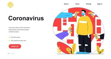 Coronavirus disease web banner concept. Man measuring temperature with infrared handheld thermometer, virus precautions, landing page template. Vector illustration with people scene in flat design