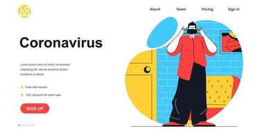 concepto de banner web de prevención de coronavirus. El hombre se pone una mascarilla médica delante de la puerta. precauciones de propagación de virus, plantilla de página de destino. ilustración vectorial con escena de personas en diseño plano vector