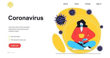 Coronavirus disease web banner concept. Woman in medical mask and gloves protects against viral infection, virus precautions landing page template. Vector illustration with people scene in flat design