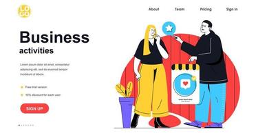 Business activities web banner concept. Man recommends service to woman, advertising campaign and promotion, partnership landing page template. Vector illustration with people scene in flat design