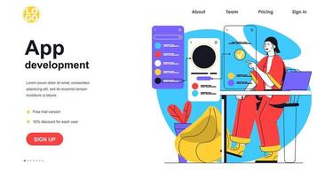 App development web banner concept. Woman programmer creates and optimizes interface mobile phone application, programming landing page template. Vector illustration with people scene in flat design