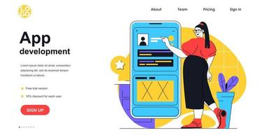 App development web banner concept. Woman developer creates and optimizes interface of smartphone application, programming landing page template. Vector illustration with people scene in flat design