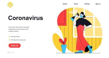 concepto de banner web de prevención de coronavirus. mujer en máscara médica desinfecta superficies en casa. prevención de la propagación de virus, plantilla de página de destino. ilustración vectorial con escena de personas en diseño plano vector