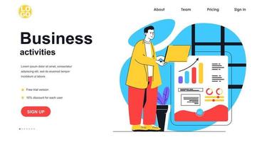 Business activities web banner concept. Businessman working at laptop, analysis financial data, create success strategy, landing page template. Vector illustration with people scene in flat design