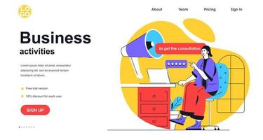 Business activities web banner concept. Businesswoman making advertising campaign, online promotion, get consultation, landing page template. Vector illustration with people scene in flat design