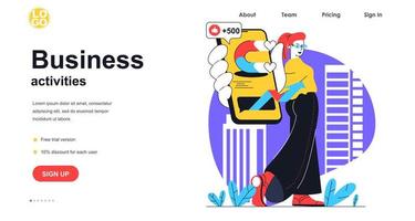 concepto de banner de web de actividades empresariales. mujer promocionando negocios en redes sociales a través de aplicaciones móviles, marketing online, plantilla de página de destino. ilustración vectorial con escena de personas en diseño plano vector