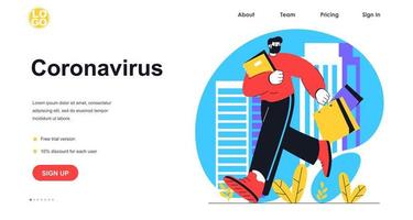 Stop coronavirus web banner concept. Man in medical mask goes to work in office. Fighting viral infection, precautions landing page template. Vector illustration with people scene in flat design
