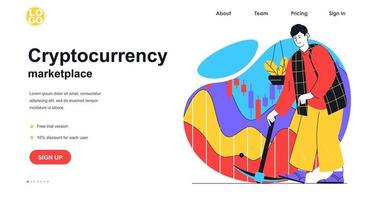 Cryptocurrency marketplace web banner concept. Man with pick earning bitcoins on mining farm, blockchain technology landing page template. Vector illustration with people scene in flat design