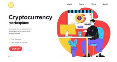 Cryptocurrency marketplace web banner concept. Man buys or sells bitcoins or other crypto money, analyzes financial account, landing page template. Vector illustration with people scene in flat design