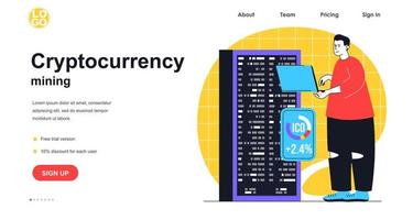 Cryptocurrency mining web banner concept. Man makes bitcoin crypto money using farm with server racks, blockchain technology landing page template. Vector illustration with people scene in flat design