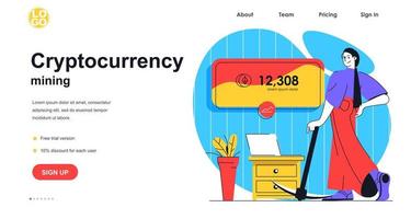 concepto de banner web de minería de criptomonedas. mujer con pick ganando bitcoins, gana dinero criptográfico, plantilla de página de destino de tecnología blockchain. ilustración vectorial con escena de personas en diseño plano vector