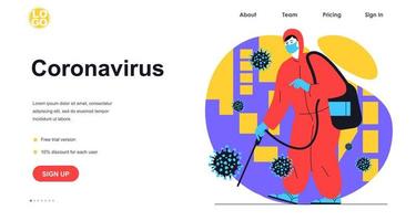 Detener el concepto de banner web de coronavirus. médico en traje de protección con desinfectante trata las superficies. lucha contra la infección viral, plantilla de página de destino. ilustración vectorial con escena de personas en diseño plano vector