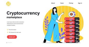 concepto de banner web de mercado de criptomonedas. mujer ganando bitcoins en una granja minera con bastidores de servidores, computación de hardware, plantilla de página de destino. ilustración vectorial con escena de personas en diseño plano vector