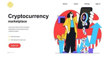 concepto de banner web de mercado de criptomonedas. mujer compra o vende bitcoins y otro dinero criptográfico utilizando una aplicación móvil, plantilla de página de destino. ilustración vectorial con escena de personas en diseño plano vector