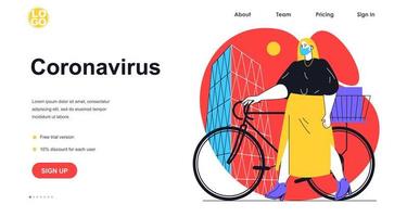 Detener el concepto de banner web de coronavirus. mujer enmascarada montando bicicleta o trabajando como mensajero en la ciudad. lucha contra la plantilla de página de destino de infecciones virales. ilustración vectorial con escena de personas en diseño plano vector