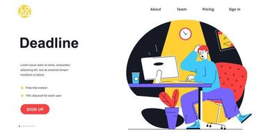 Deadline at office web banner concept. Man in hurry to finish task, works at computer. Stress at work and time management landing page template. Vector illustration with people scene in flat design