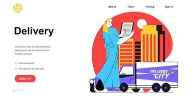 Delivery service web banner concept. Woman manages postage logistics, truck carries parcels, global shipping transportation landing page template. Vector illustration with people scene in flat design