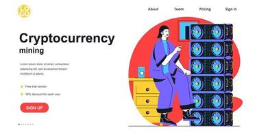 Cryptocurrency mining web banner concept. Woman makes crypto money, working at server racks room, blockchain technology landing page template. Vector illustration with people scene in flat design