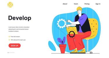 Develop software web banner concept. Man developer programming and optimizes website, settings application, works at laptop, landing page template. Vector illustration with people scene in flat design