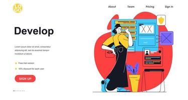 Develop software web banner concept. Woman developer programming and optimizes website or settings apps, working at office, landing page template. Vector illustration with people scene in flat design