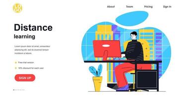 Distance learning web banner concept. Man student studying using computer at home, watching online courses, e-learning landing page template. Vector illustration with people scene in flat design