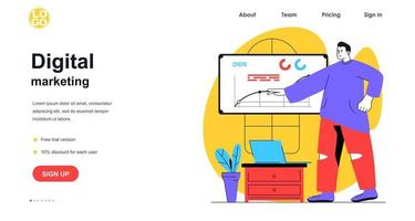 concepto de banner web de marketing digital. El hombre analiza el rendimiento de la campaña publicitaria, la promoción en línea, la estrategia de éxito, la plantilla de la página de destino. ilustración vectorial con escena de personas en diseño plano vector