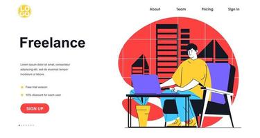 Freelance working web banner concept. Freelancer doing tasks on laptop sitting in chair at home. Remote worker workplace, landing page template. Vector illustration with people scene in flat design