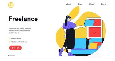 Freelance working web banner concept. Woman remote worker performs tasks on laptop from online home office. Freelancer job landing page template. Vector illustration with people scene in flat design