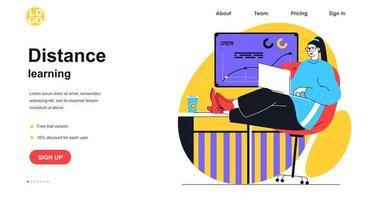 Distance learning web banner concept. Woman student studying using laptop at home, watching online courses or webinars, landing page template. Vector illustration with people scene in flat design