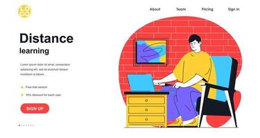 Distance learning web banner concept. Man student studying using laptop at home, online courses or webinars, e-learning landing page template. Vector illustration with people scene in flat design