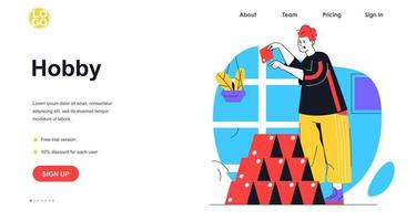 Hobby web banner concept. Man is building house of cards. Guy is engaged in favorite hobby, entertainment and home leisure, landing page template. Vector illustration with people scene in flat design