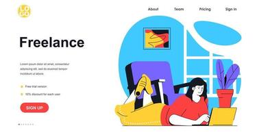 Freelance working web banner concept. Freelancer woman doing tasks on laptop from home. Remote worker at online workplace, landing page template. Vector illustration with people scene in flat design